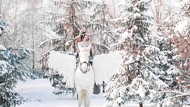 Fabulous dark princess with black hair, gray dress and expensive jewelry went out for walk in winter forest riding