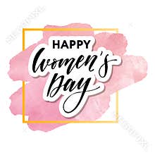 Woman s Day text design with flowers and hearts on square background. Vector illustration. Woman s Day greeting