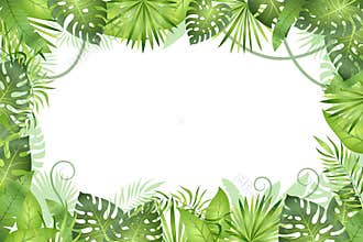 Jungle background. Tropical leaves frame. Rainforest foliage plants, green grass trees. Paradise african wildlife jungle