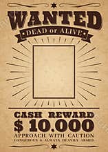 Wanted vintage western poster. Dead or alive crime outlaw. Wanted for reward vector retro banner