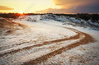 ATV auto sport track at winter. Wheel sandy tracks