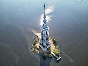 Kalyazinskaya bell tower of St. Nicholas Cathedral in the water a flooded bell tower . Kalyazin, Tver region, Russia