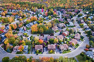 Aerial View of Residential Neighbourhood in Montreal During Autumn Season, Quebec, Canada