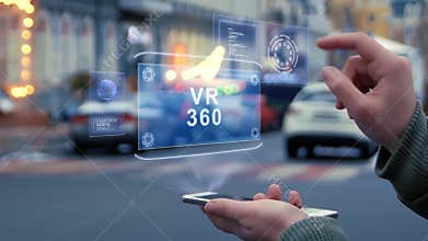 Female hands interact HUD hologram VR 360