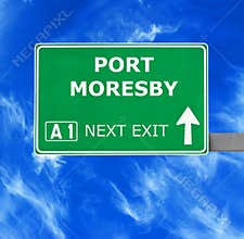 PORT MORESBY road sign against clear blue sky