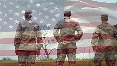 Military men in uniform and American flag