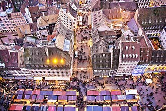 Festive Strasbourg Market from Above, Traditional Alsacian Chirstmas Market at Strasbourg