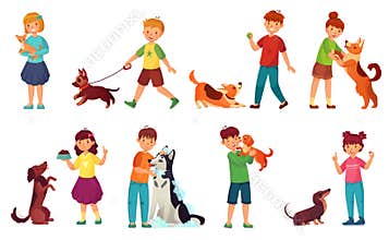 Kids playing with dogs. Child feeding dog, pet animals care and kid walking with cute puppy cartoon vector illustration