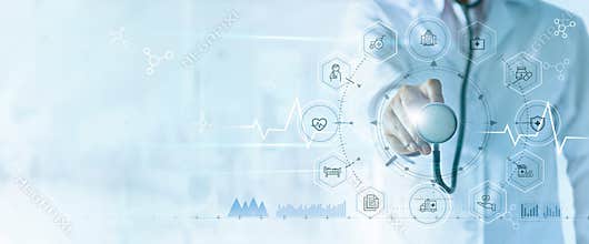 Medicine doctor with stethoscope in hand and icon insurance for health. Medical network connection.