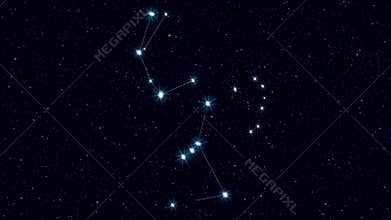 Orion constellation, gradually zooming rotating image with stars and outlines