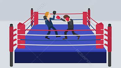 Fighting each other in boxing ring. Businessman battle wearing boxing gloves. Business competition concept. Flat Loop animation.