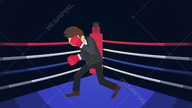 Business chance and success concept. Fighting in boxing ring. Businessman wearing boxing gloves. Sparring fight. Loop animation.