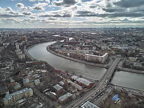 Novospassky bridge, Moscow river panorama of Moscow, Russia. Sadovoe ring. Aerial drone view
