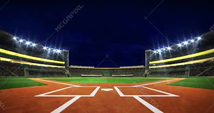 Baseball stadium infield diamond view illuminated at night