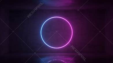 3d render of neon circle frame on background in the room. Banner design. Retrowave, synthwave, vaporwave illustration.