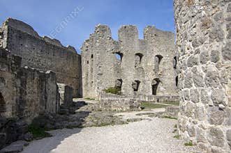 Burgruine Wolfstein old castle ruins with tower, blue sky