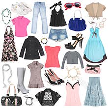 Different female clothes, shoes and accessories.