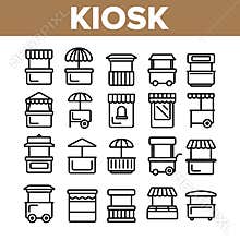 Kiosk, Market Stalls Types Linear Vector Icons Set