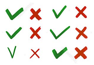 Hand drawn Tick and Cross. Check marks indication for concept yes and no.