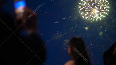 Crowd of people silhouette watching colorful amazing firework show in the dark