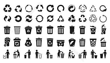 Recycle icons set and trash can icons with man - vector