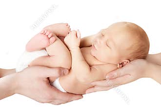 Newborn Baby in Family Hands, Sleeping New Born Kid on White, Parents Care