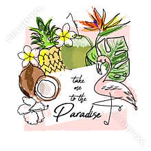 Tropical summer background with cute cartoon items