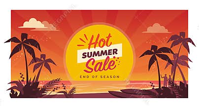 Hot summer sale promotional banner with tropical beach