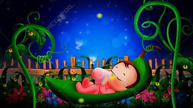 Cute babies cartoon sleeping on leaves cradle ,best loop video background