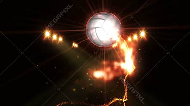 Volleyball in field under color lighting. Sports team concept. Stadium. Ground. Field. Spotlights at night.