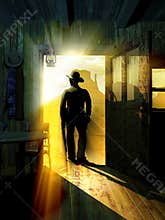 Cowboy outside at the door