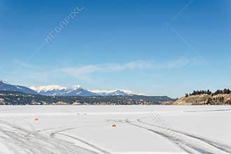 WINDERMERE - MARCH 18, 2019: early spring landscape of frozen Lake Regional District of East Kootenay Canada