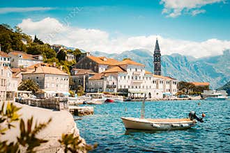 Historic town of Perast at Bay of Kotor in summer, Montenegro