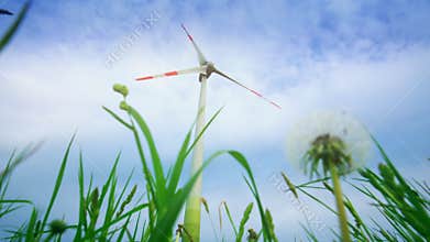 Wind turbine electricity generator on sky background. Dandelion clock. Static