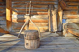 Taltsy, Irkutsk region, Russia, March, 02, 2017. Architectural ethnographic museum Taltsy. Internal courtyard of the farm of Nepom