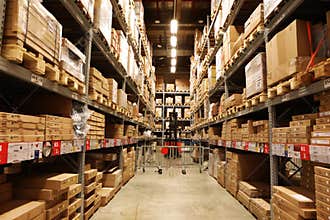 Hypermarkets, logistics centers, warehousing, shelving goods on display,