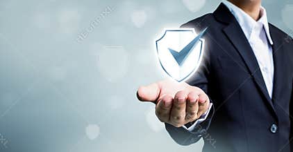 Businessman holding shield protect icon, Concept cyber security