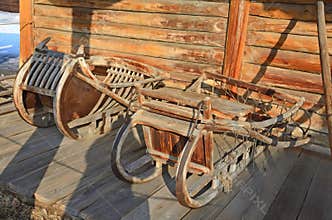 Taltsy, Irkutsk region, Russia, March, 02, 2017. Architectural ethnographic museum Taltsy. Internal courtyard of the farm of Nepom