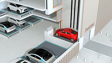 Red car parking by by AGV Automated Guided Vehicle in cutaway view