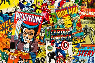 Colorful vintage comic magazine covers top view flat lay composition