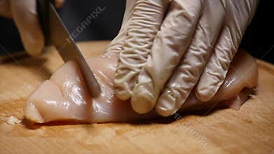 The man cuts the chicken