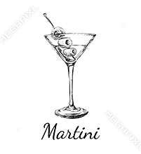 Sketch Martini Cocktails with Olives Vector Hand Drawn Illustration