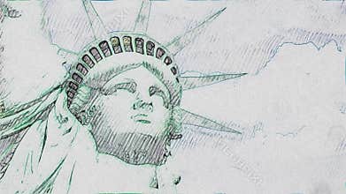 Statue of Liberty hand made pen drawing stop motion cartoon seamless loop animation background - new quality national