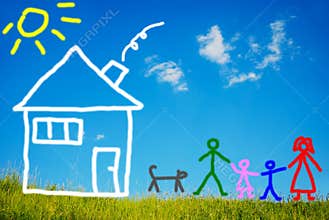 Happy family and their pet in front of house, pain
