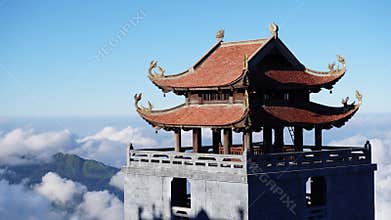 Sapa, Vietnam - December 4, 2017: Timelapse of Buddhist pagoda located on Fansipan mountain in Sapa, Vietnam