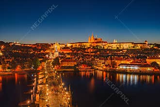 Night scene of Prague Castle and Charles Bridge
