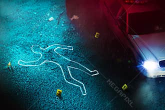 Fresh crime scene with body silhouette