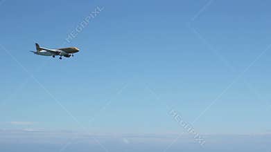 Young female reading book on beach, plane flying over seashore, tourists arrive