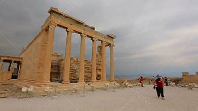 Point of view of tourist looking at ruins of ancient building, timelapse shot