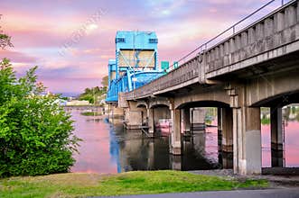 Lewiston - Clarkston blue bridge against sky with pink clouds on the border of Idaho and Washington states